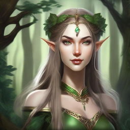 Create a beautiful elven woman who was once an actress and is now a druid, suitable for a character in a Dungeons & Dragons game