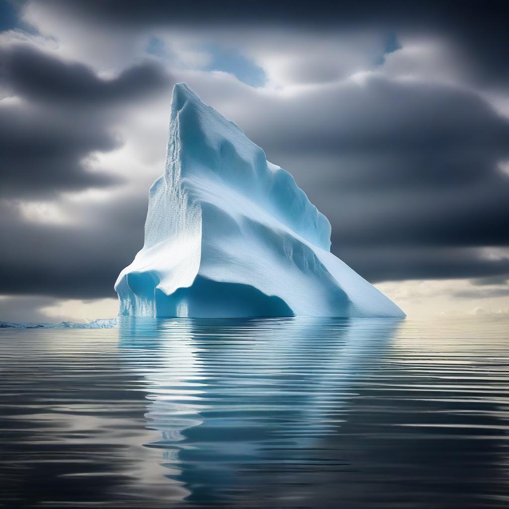 A large, majestic iceberg floating in the ocean, with a dramatic sky in the background