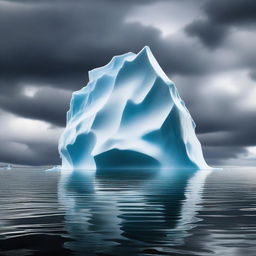 A large, majestic iceberg floating in the ocean, with a dramatic sky in the background