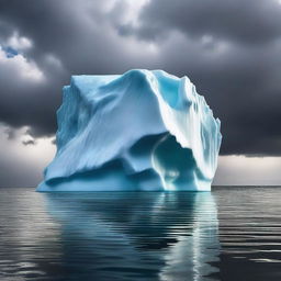 A large, majestic iceberg floating in the ocean, with a dramatic sky in the background