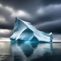 A large, majestic iceberg floating in the ocean, with a dramatic sky in the background