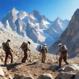 A group of explorers searching for gold in a rugged mountain terrain