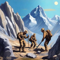 A group of explorers searching for gold in a rugged mountain terrain