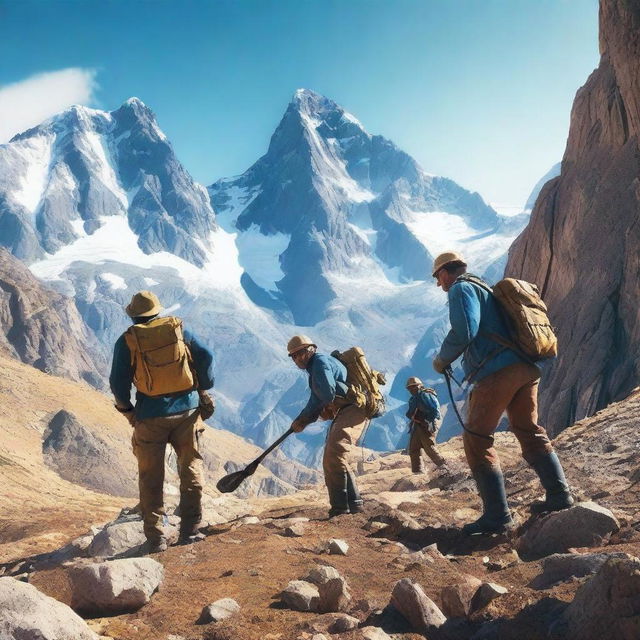 A group of explorers searching for gold in a rugged mountain terrain