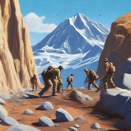 A group of explorers searching for gold in a rugged mountain terrain