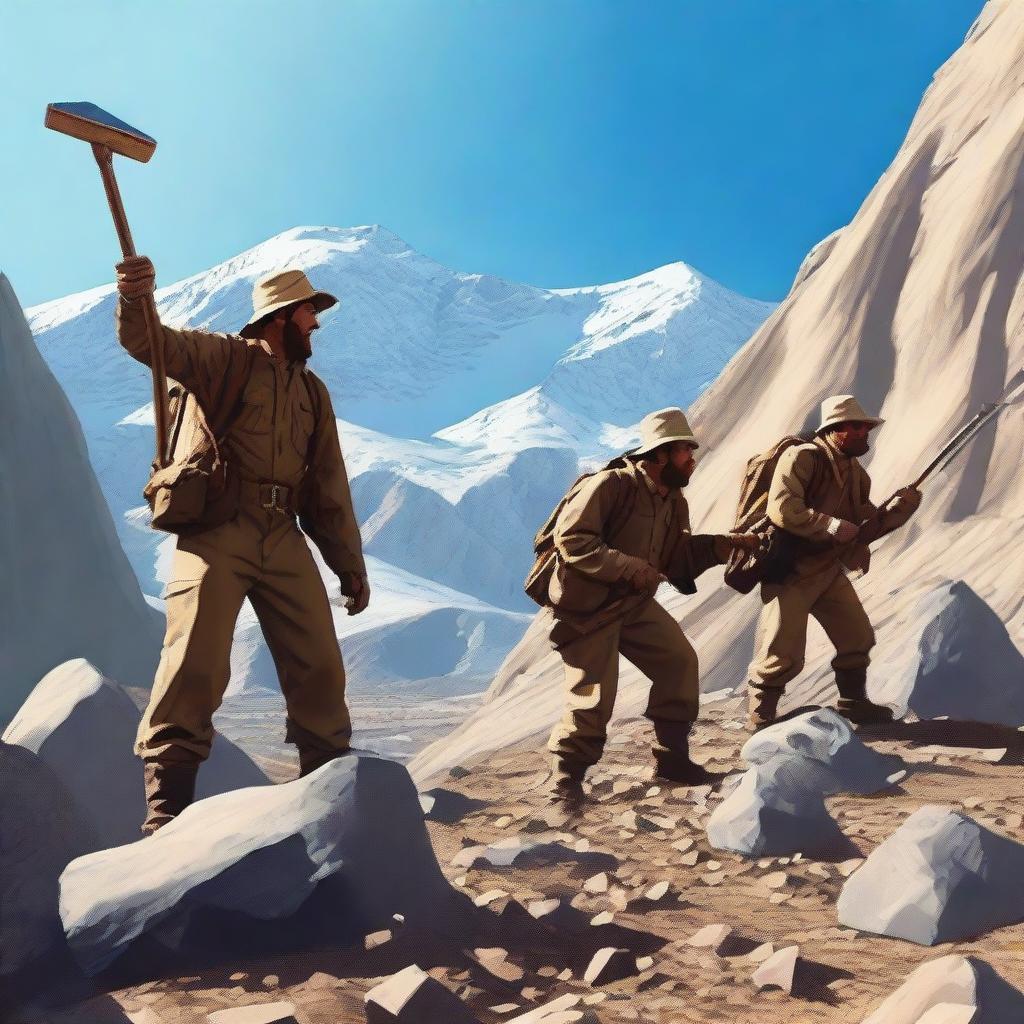 A group of determined explorers searching for gold in a rugged mountain terrain