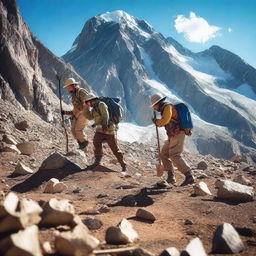 A group of determined explorers searching for gold in a rugged mountain terrain