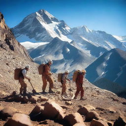 A group of determined explorers searching for gold in a rugged mountain terrain