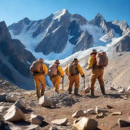 A group of determined explorers searching for gold in a rugged mountain terrain