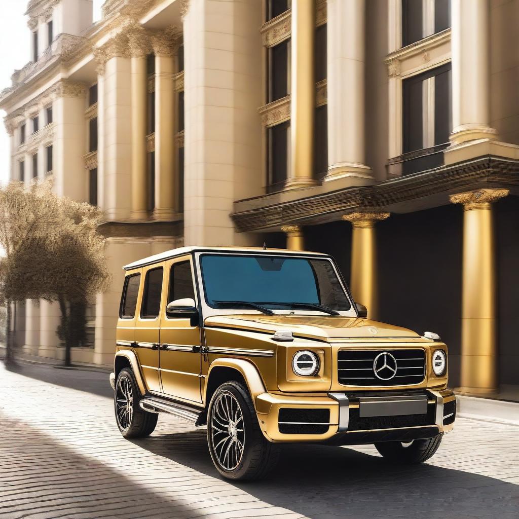 A luxurious golden Mercedes-Benz G-Class SUV, shining under the sunlight