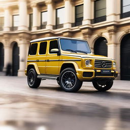 A luxurious golden Mercedes-Benz G-Class SUV, shining under the sunlight