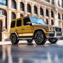 A luxurious golden Mercedes-Benz G-Class SUV, shining under the sunlight