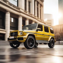 A luxurious golden Mercedes-Benz G-Class SUV, shining under the sunlight