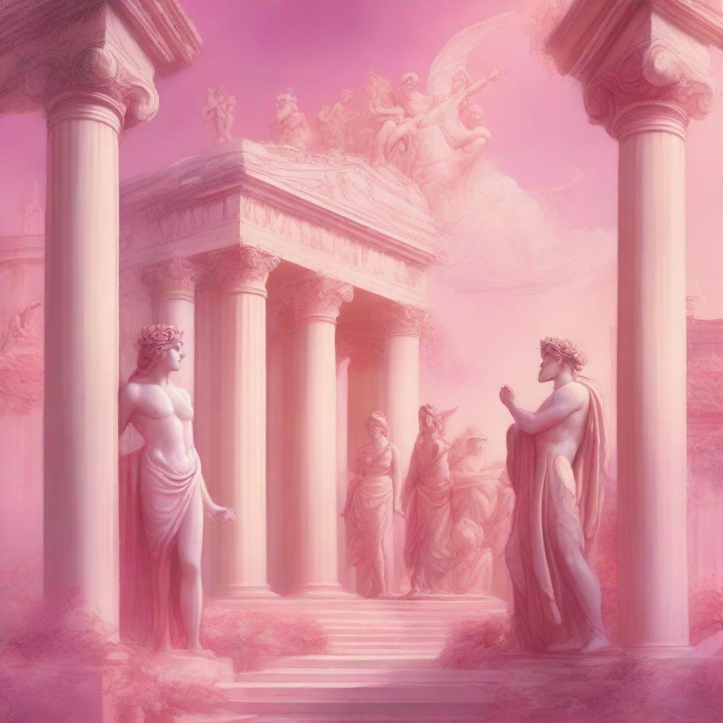 A vibrant and whimsical scene featuring Greek gods, all dressed in shades of pink