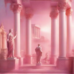 A vibrant and whimsical scene featuring Greek gods, all dressed in shades of pink