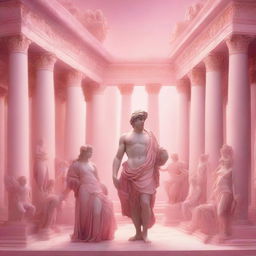 A vibrant and whimsical scene featuring Greek gods, all dressed in shades of pink