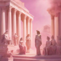 A vibrant and whimsical scene featuring Greek gods, all dressed in shades of pink