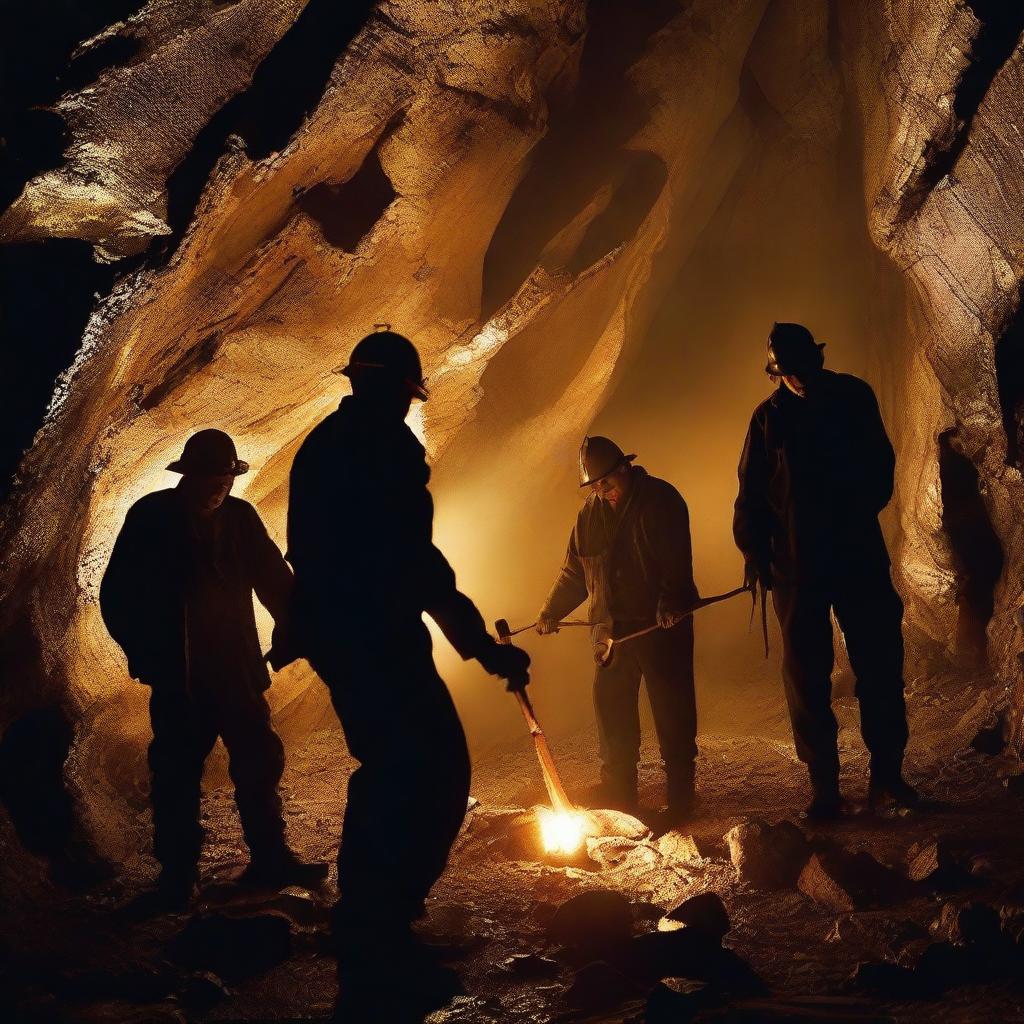 A group of miners in an old-fashioned gold mine, working hard to find gold