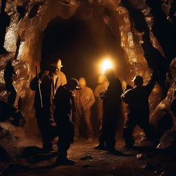 A group of miners in an old-fashioned gold mine, working hard to find gold