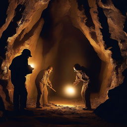 A group of miners in an old-fashioned gold mine, working hard to find gold