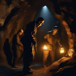 A group of miners in an old-fashioned gold mine, working hard to find gold