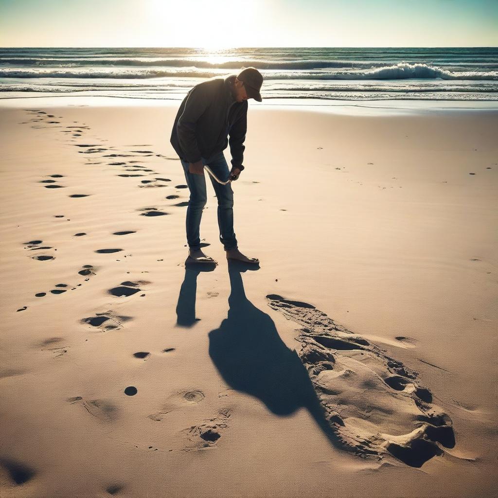 A person metal detecting on a sandy beach, scanning the ground with a metal detector