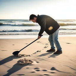 A person metal detecting on a sandy beach, scanning the ground with a metal detector