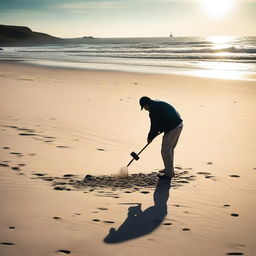 A person metal detecting on a sandy beach, scanning the ground with a metal detector