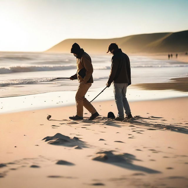 A person metal detecting on a sandy beach, scanning the ground with a metal detector