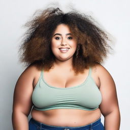 A person with curly hair and a big and fat body wearing a cropped top