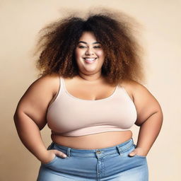 A person with curly hair and a big and fat body wearing a cropped top