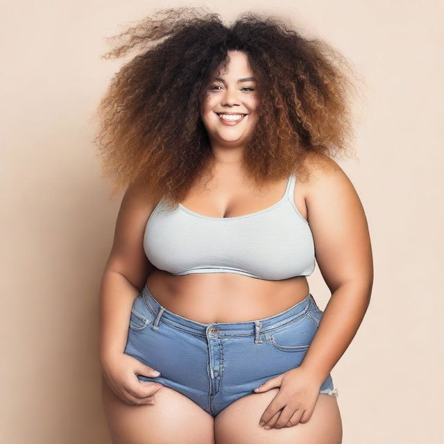 A person with curly hair and a big and fat body wearing a cropped top