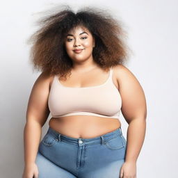 A person with curly hair and a big and fat body wearing a cropped top