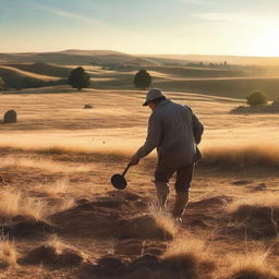 A person metal detecting in an open field, discovering ancient Bronze Age artifacts