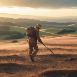 A person metal detecting in an open field, discovering ancient Bronze Age artifacts