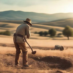 A person metal detecting in an open field, discovering ancient Bronze Age artifacts