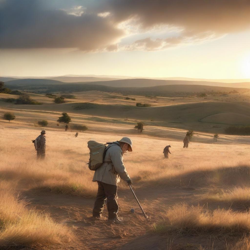 A person metal detecting in an open field, discovering ancient Bronze Age artifacts