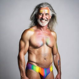 A 54-year-old man with straight hair celebrating his identity as a gay individual