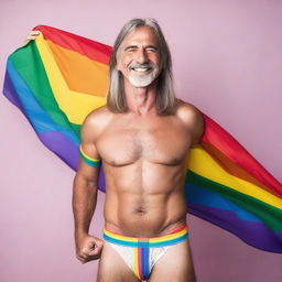 A 54-year-old man with straight hair celebrating his identity as a gay individual