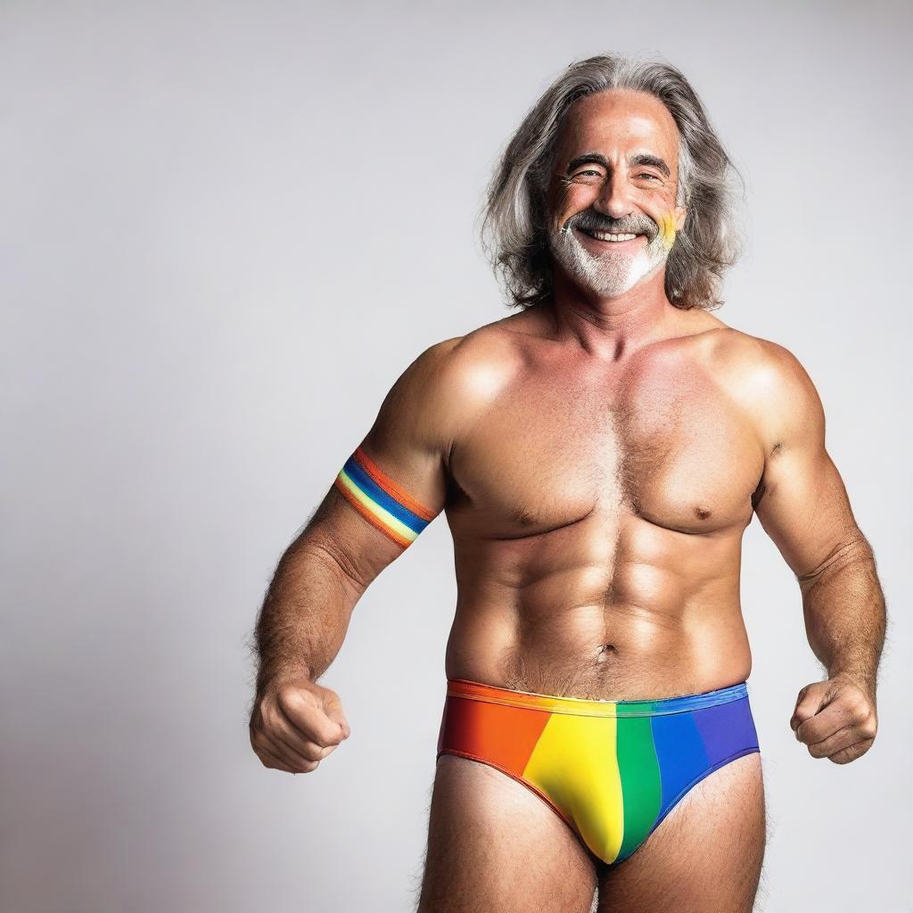 A 54-year-old man with straight hair celebrating his identity as a gay individual