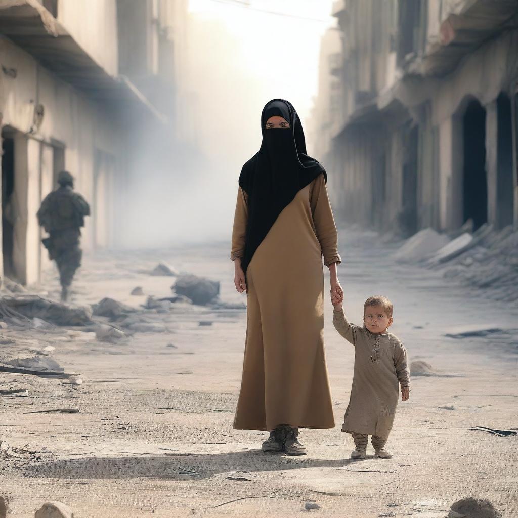 A Muslim woman wearing a hijab, holding a child's hand, standing next to a soldier in a war-torn environment