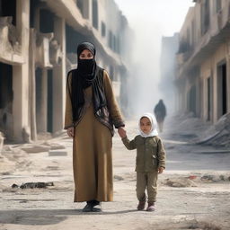 A Muslim woman wearing a hijab, holding a child's hand, standing next to a soldier in a war-torn environment