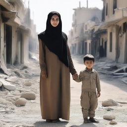 A Muslim woman wearing a hijab, holding a child's hand, standing next to a soldier in a war-torn environment