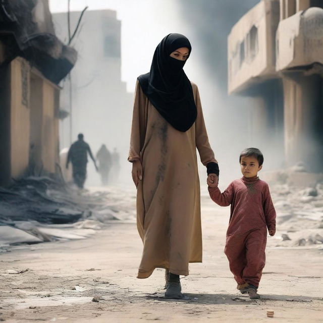 A Muslim woman wearing a hijab, holding a child's hand, standing next to a soldier in a war-torn environment