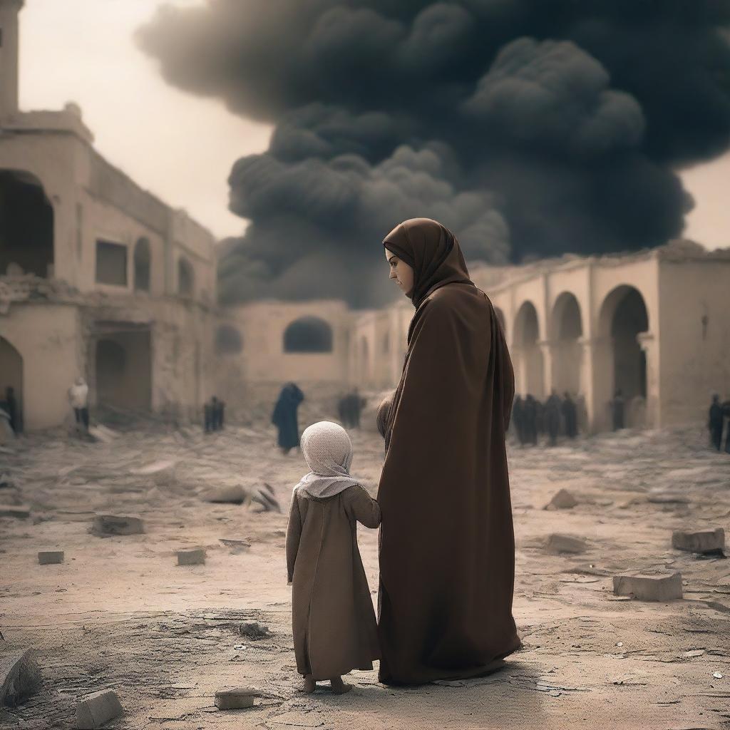 A poignant image depicting a beautiful Muslim woman and a young female child amidst the backdrop of war