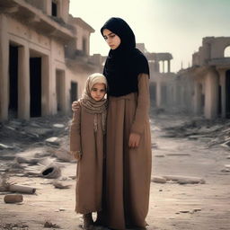 A poignant image depicting a beautiful Muslim woman and a young female child amidst the backdrop of war