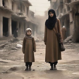 A poignant image depicting a beautiful Muslim woman and a young female child amidst the backdrop of war