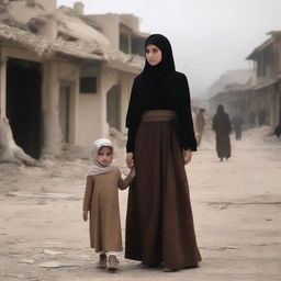 A poignant image depicting a beautiful Muslim woman and a young female child amidst the backdrop of war