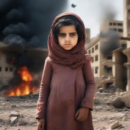 A beautiful young Muslima, a young female child, with a backdrop of war and explosions