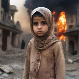 A beautiful young Muslima, a young female child, with a backdrop of war and explosions